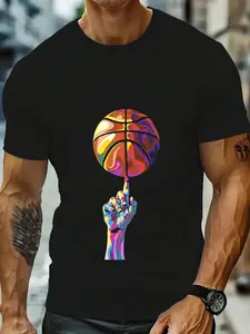 Men'S Basketball Themed T-Shirt Short-Sleeve T-Shirt Finger Rotation Basketball Personality Fashion Hot Selling Top Tee Suitable For Travelling Shopping And Gatherings Summer New Arrival Black T-Shirtsgraphic Tees Men Shirts Streetwear White Shirt Black S