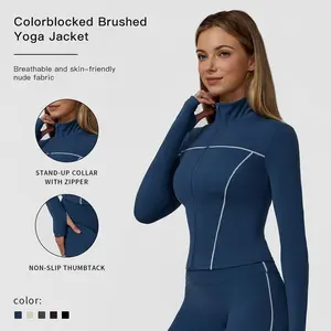 MFVIM Women's Blue Colorblocked Brushed Yoga Jacket Top - Lightweight Full-Zip Slim-Fit Soft Shell Jacket, Activewear Blazer with Stand-Up Collar, Non-Slip Thumb Holes for Training, Running