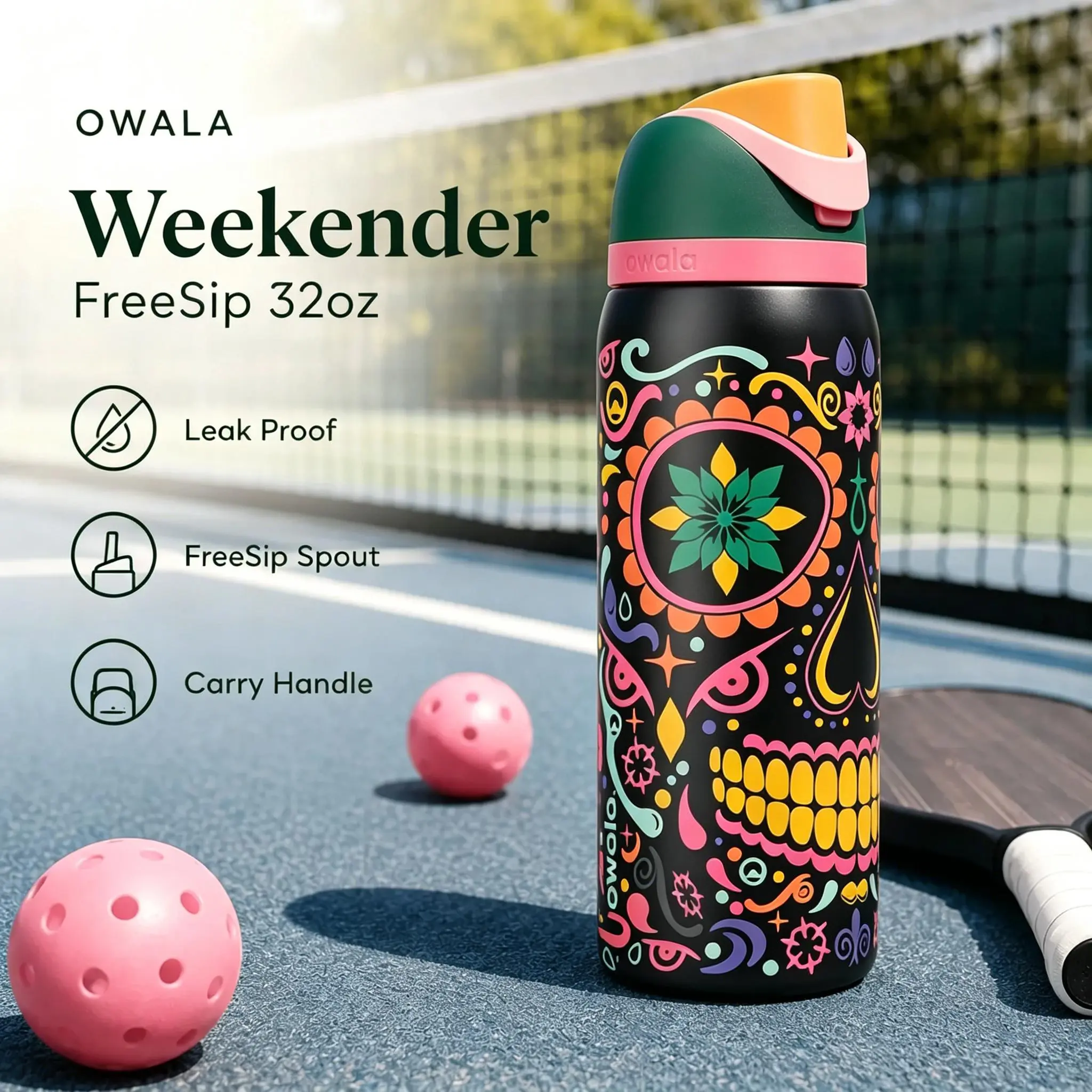 Owala Weekender 32oz Insulated Stainless Steel Vacuum Flask, Lightweight Portable Wide Mouth Glossy Sugar Skull Floral Print FreeSip Spout Leakproof Travel Cup With Carry Handle For Pickleball