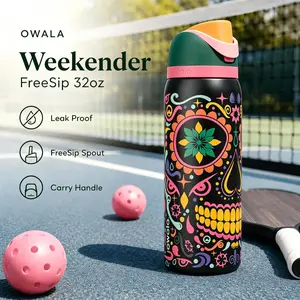 Owala Weekender 32oz Insulated Stainless Steel Vacuum Flask, Lightweight Portable Wide Mouth Glossy Sugar Skull Floral Print FreeSip Spout Leakproof Travel Cup With Carry Handle For Pickleball