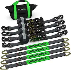 Rhino USA Car Tie Down Straps for Trailers with J Hooks (4-Pack) – 2"x8' (10,000lb Break Strength) – Heavy Duty Car Hauler Tire Straps with Axle Straps for UTV, Powersports & More