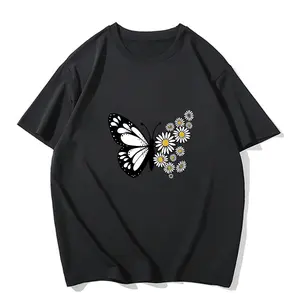 Butterfly Daisy Acid Wash T-Shirt Floral Nature Oversized Boho Tee women summer tops tshirt women's