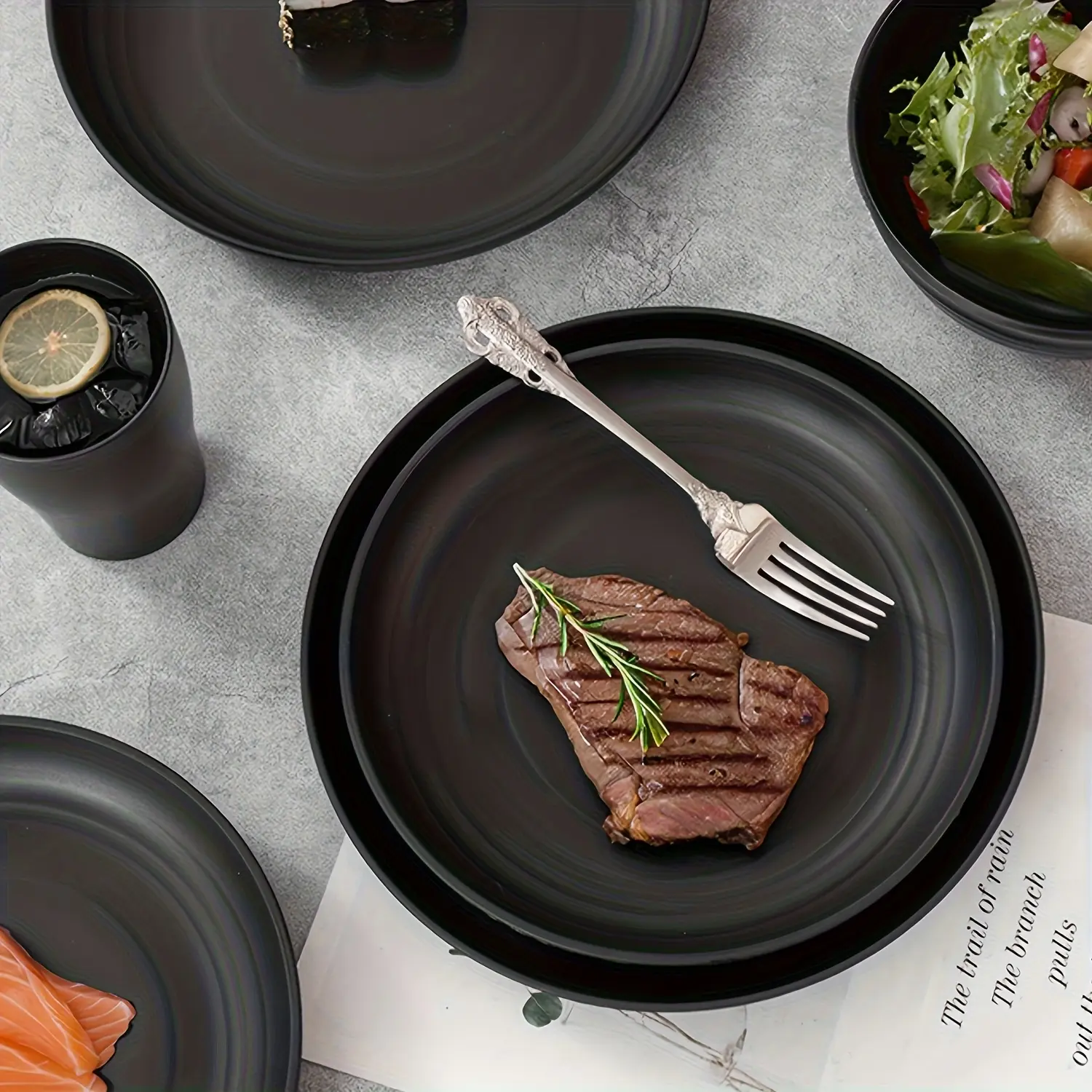 Black 64-Piece Wheat Straw Dinner Plate & Cutlery Set - Loose, Unbreakable, Lightweight, Dishwasher Safe, Microwave Safe, Ideal Festive Party Gift for Adults
