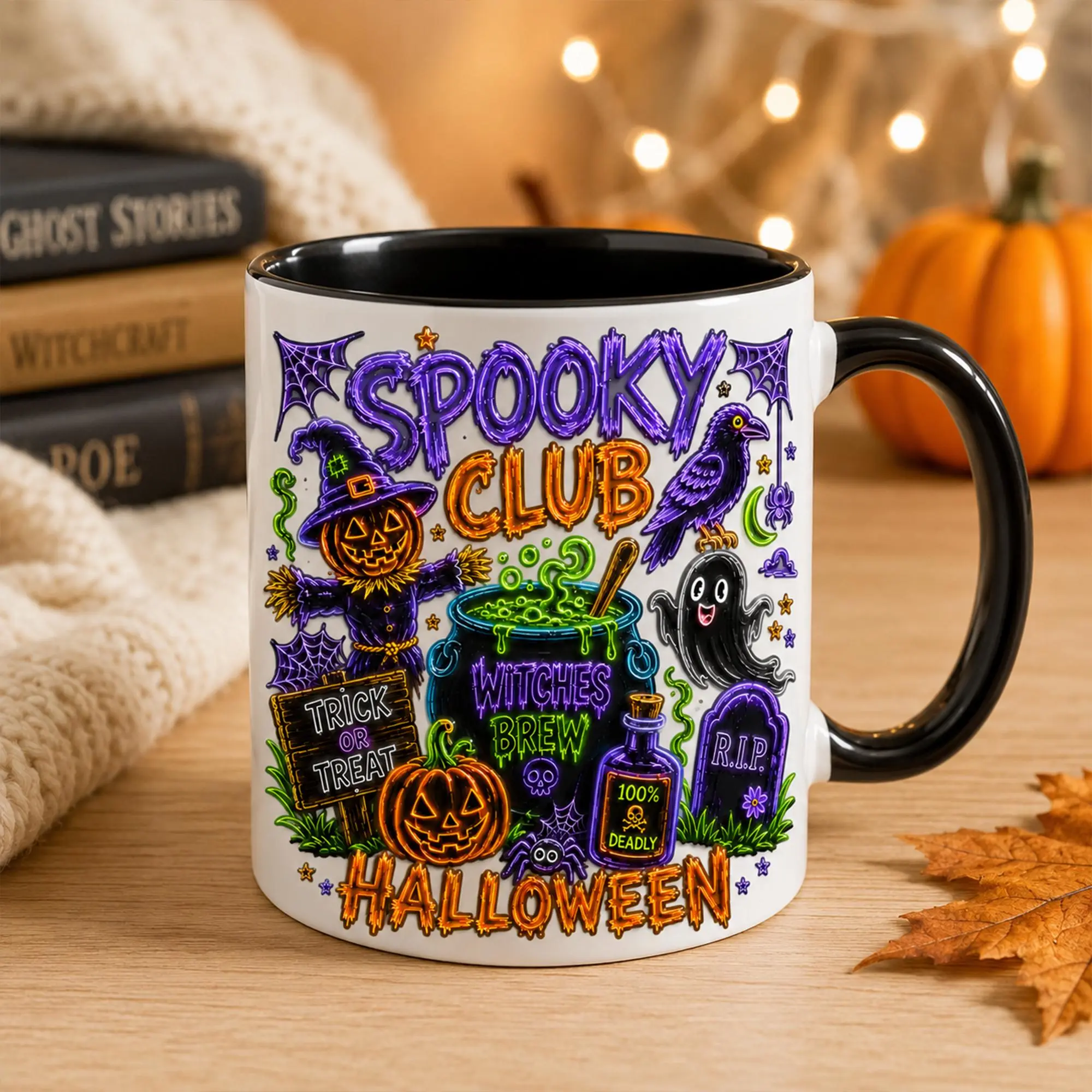 3D EFFECT Spooky Club Halloween Mug, Neon Witch Cauldron Pumpkin Ghost Crow Coffee Cup Colorful Spooky Season Gift for Halloween Lovers