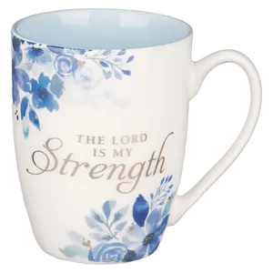The Lord is My Strength Blue Floral Ceramic Coffee Mug - Psalm 28:7