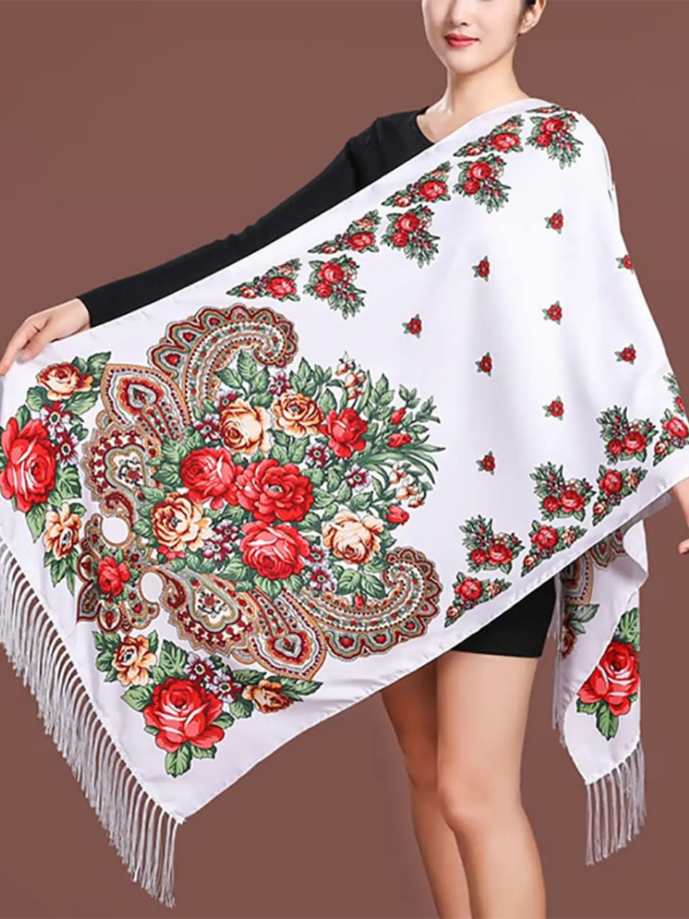 Women's Elegant Fashion Winter Scarf, Embroidered Floral Faux Wool Shawl, Russian Flower Long Hijab Warm Windproof Wrap