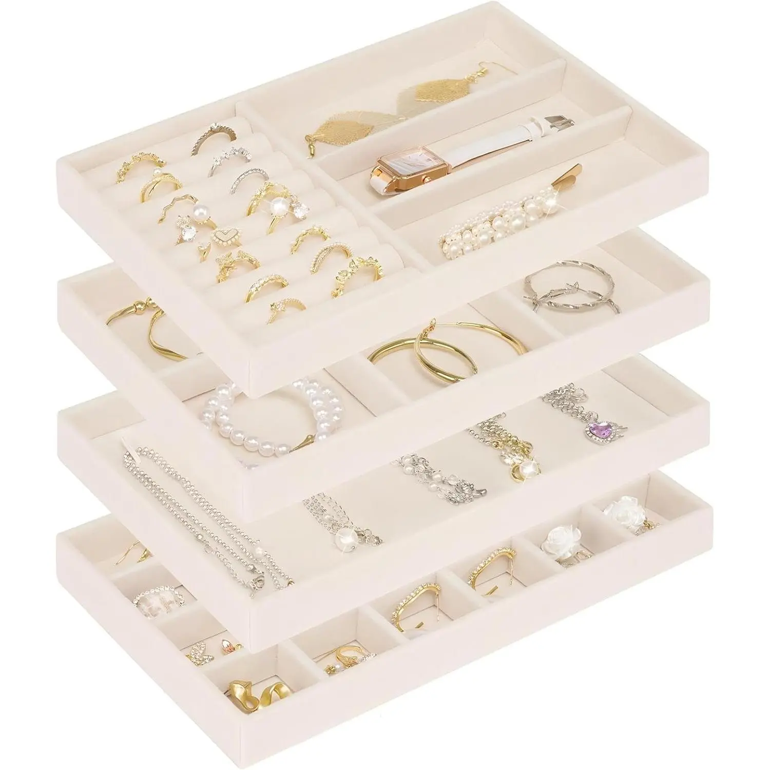 Stackable  Trays Organizer for Drawer, 4 Set of  Organizers and Display Case Storage,  Drawer Inserts Organizer for Necklace Bracelets Earrings Organizer-4 Set ,  For Her,Beige