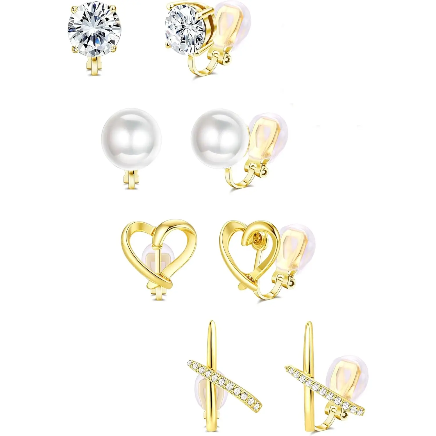 Milacolato Women's Adjustable Clip Earrings - Hypoallergenic Copper Base Non-Pierced Drop Earrings with Small Cubic Zirconia Heart, Flower, Square, Twist Knot Designs, Bling Effect Casual Daily Female Wedding Gift, Heart Shaped Earrings, Dainty Earrings