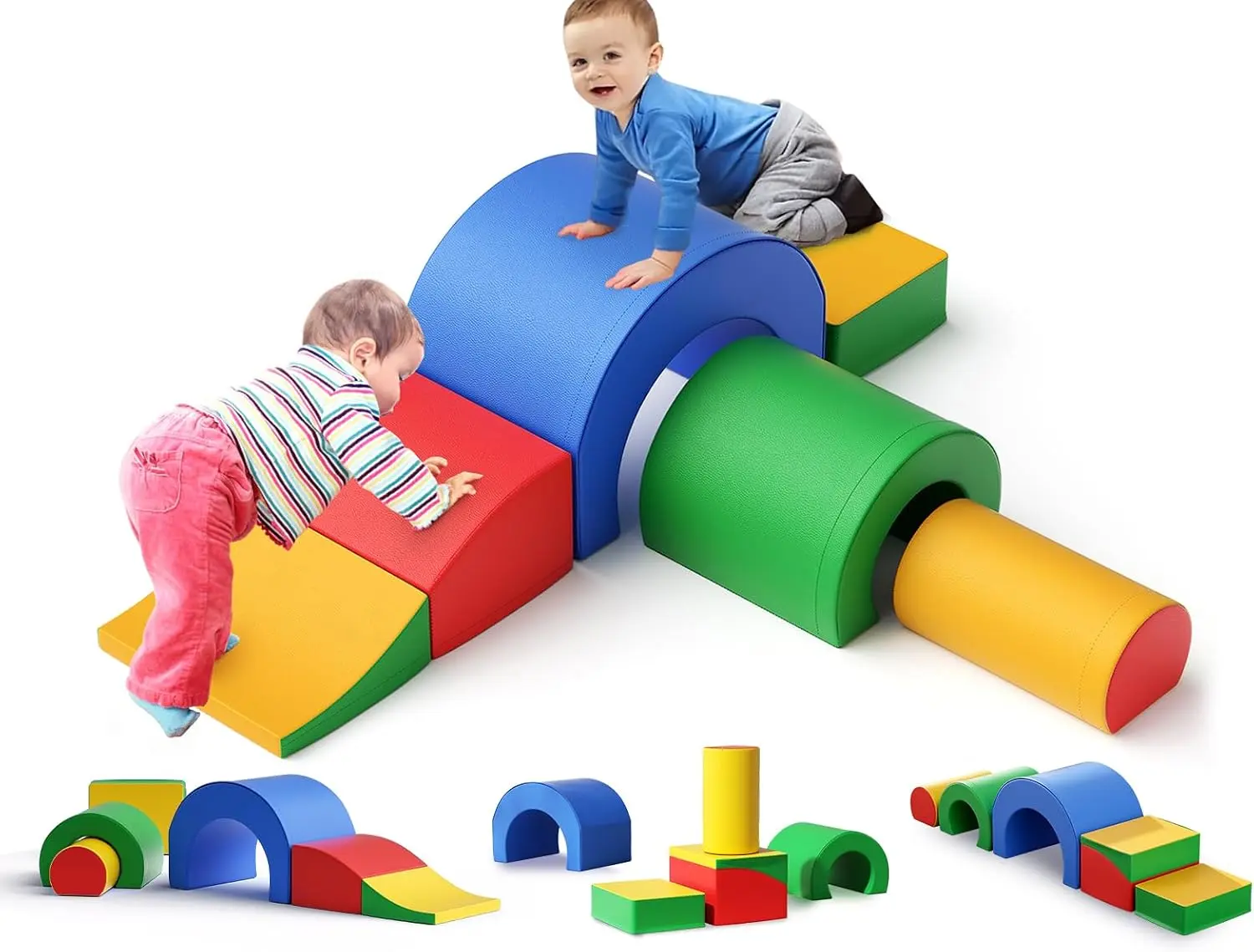 Toddlers' 5-Piece Soft Foam Climbing Blocks Set - Indoor Playground Equipment, Safe Play Equipment, Foldable Block, Climb Tunnel for Kids Age 1+ (Colorful)