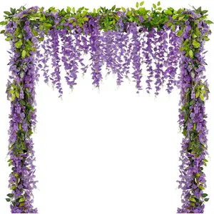 4Pcs Wisteria Artificial Flower Garland 6.9Ft Purple Wisteria Vine Silk Hanging Flowers Fake Rattan Floral Decor for Garden Outdoor Ceremony Wedding Arch Party Backdrop, Total 27.6Ft, Purple
