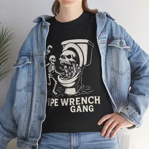 Large Angry Toilet Unisex Heavy Cotton Tee with Skeleton Pipe Wrench Gang Design, Funny T-Shirt for Plumbers, Halloween Costume, Gift for Him, Casual Wear