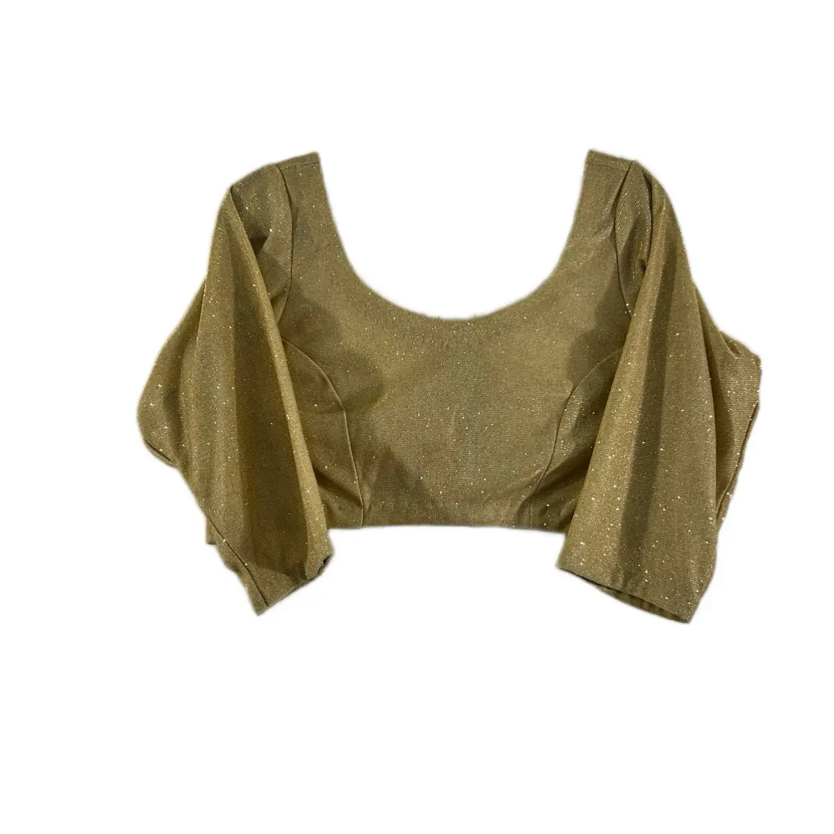 Trendy Women's Golden Shimmer Fitted Blouse with Stylized Back Design, Matches a variety of Saree and Lehnga Choices.
