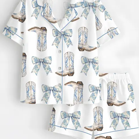 Women's Coquette Blue Bow Polyester Short-Sleeve Satin Pajama Short Set - Adjustable Style Nightwear, Cowboy Boots Design, Holiday Party Gift