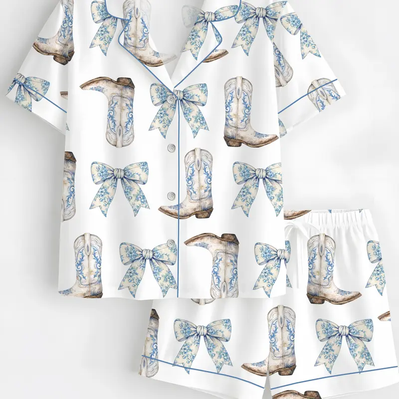 Women's Coquette Blue Bow Polyester Short-Sleeve Satin Pajama Short Set - Adjustable Style Nightwear, Cowboy Boots Design, Holiday Party Gift