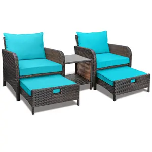 Balcony Furniture 5 Piece Patio Conversation Set, PE Wicker Rattan Outdoor Lounge Chairs with Soft Cushions 2 Ottoman&Glass Table for Porch, Lawn-Brown Wicker
