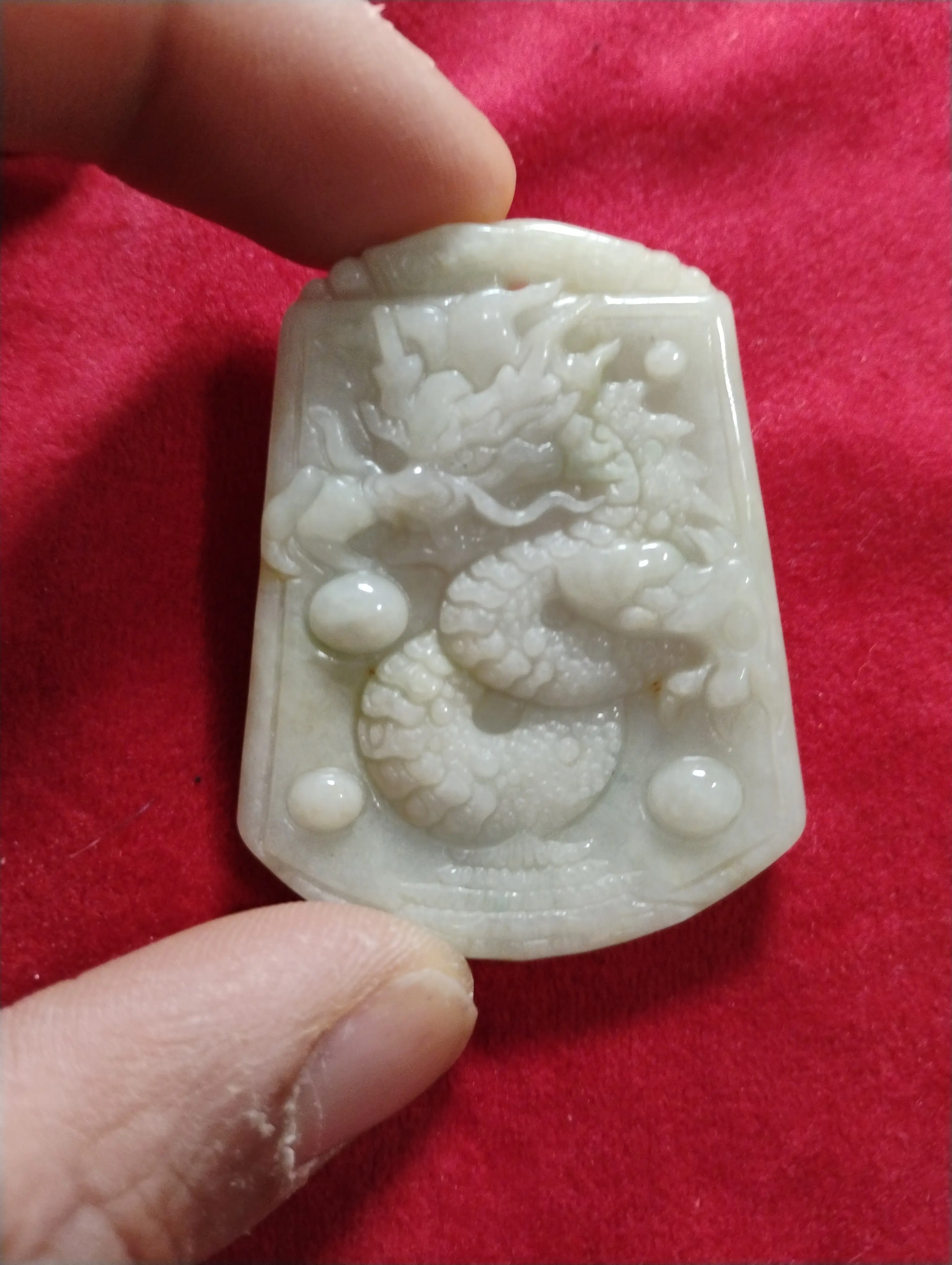 Natural Grade A Jadeite Jade Dragon Carving - Ancient White with Pearls (31.40g)