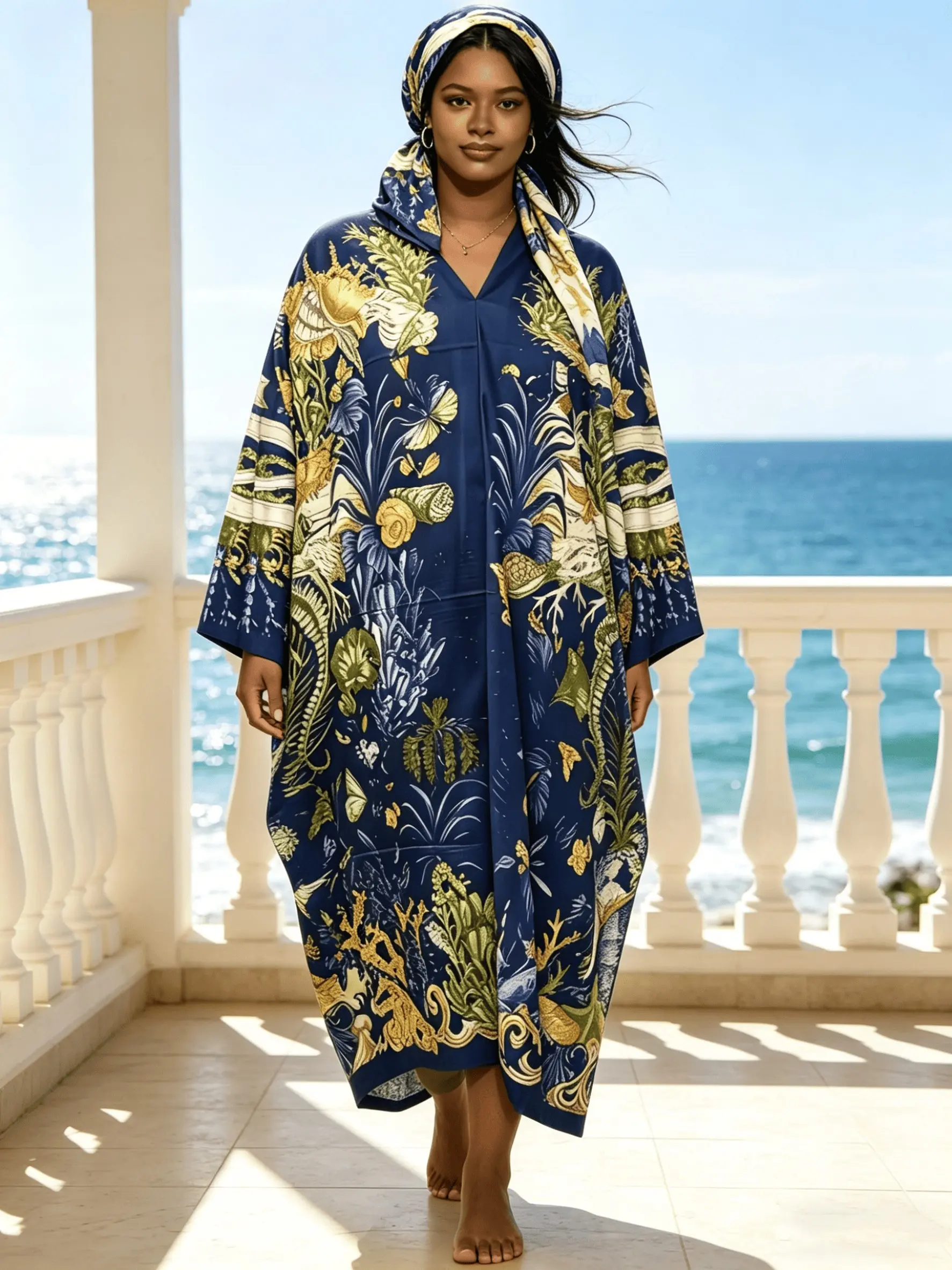 Plus Size Boho Kaftan Dress with Headscarf, Vintage Floral Print, Loose Fit, Beach Cover Up, Muslim Abaya, Resort Vacation Maxi Nightgown, Summer, For Muslim
