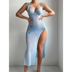 Women's Sexy Butterfly Decor Sheer Mesh Cami Nightdress & Thong Lingerie Set, Sleeveless See Through Bodycon Nightwear with Side Slit, Perfect for Valentine's Day, Date Night & Home Nights, Romantic Lingerie for All Seasons