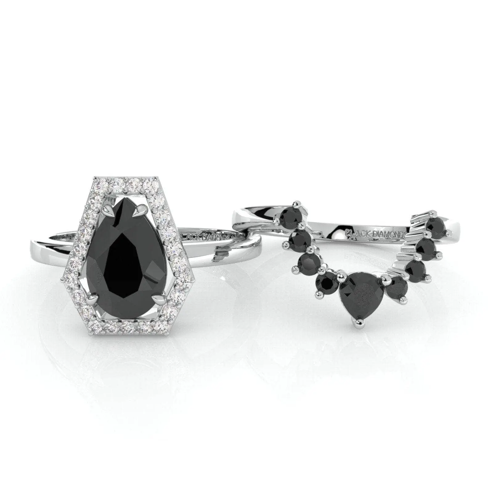 Faithfulness-1ct Black Pear Cut Moissanite 14k White Gold Coffin Ring Set Wedding Wedding