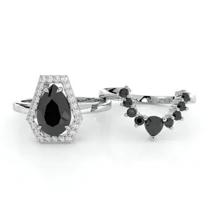 Faithfulness-1ct Black Pear Cut Moissanite 14k White Gold Coffin Ring Set Wedding Wedding