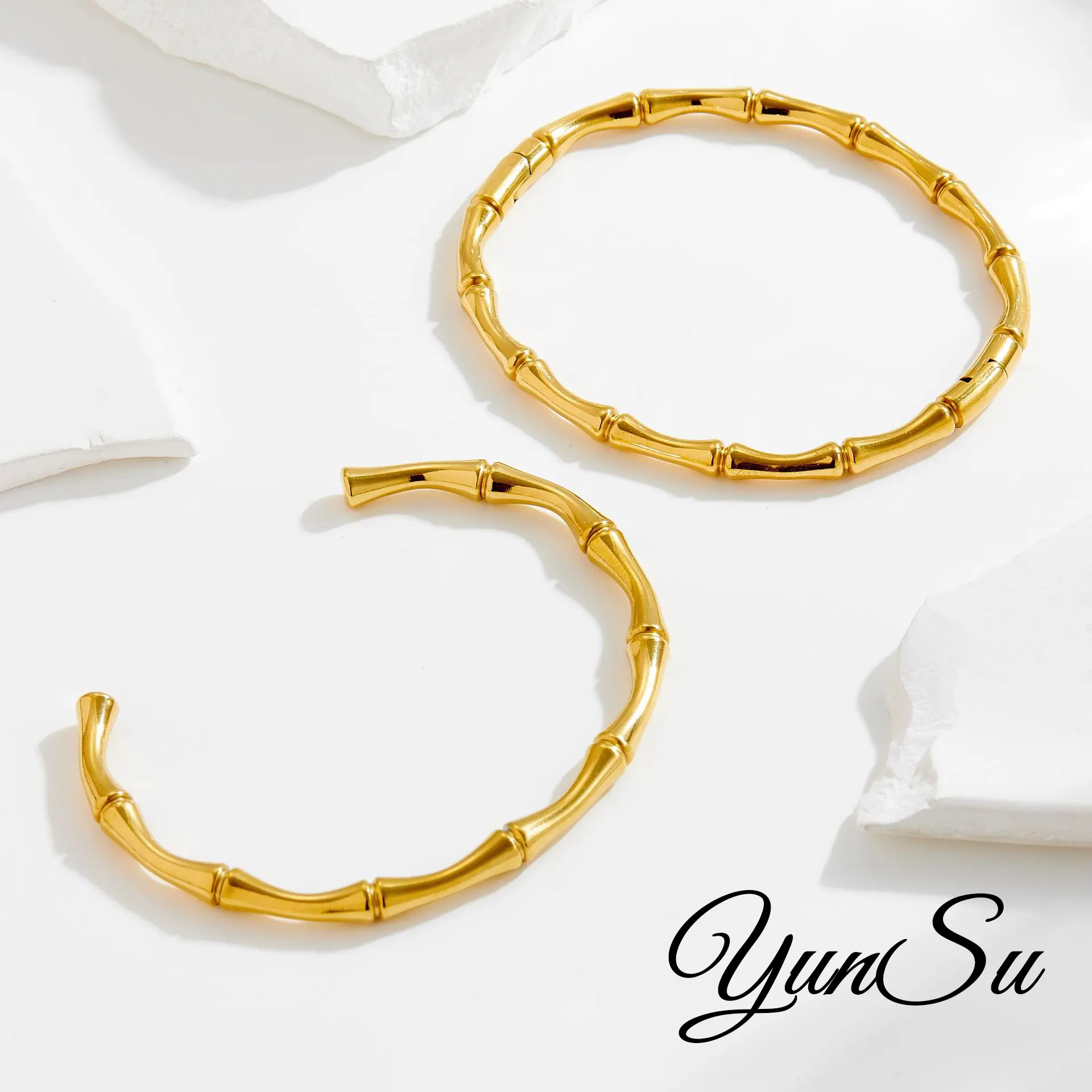 YunSu Luxury 18K Gold-Plated Bamboo bracelet Bangle for Women Waterproof Fashion Jewelry Birthday Gifts Anniversary Gifts Jewelry for Women Girls Christmas Gifts Elegant Jewelry Bracelet Gold Bracelets