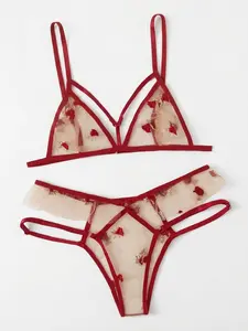 Elegant Red Lingerie Set with Floral Embellishments and Strappy Design for Women