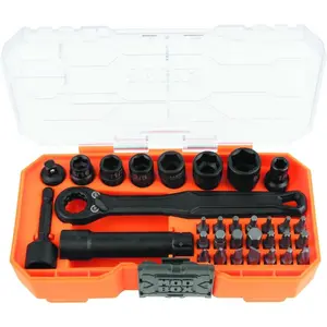 32-Piece Pass Through Socket Set, SAE Impact Socket Set with MODbox Case, 1/4-Inch Drive, Includes Sockets, Bits and Versatile Accessories, Compact Mechanic Tool Kit, Automotive Repair Essentials, Portable Hand Tool Set, DIY Garage Equipment