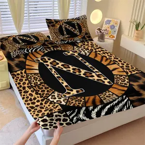Letter & Trendy Animal Print Collage Print Fitted Sheet Set-3 Piece, 1 Fitted Sheet + 2 Pillowcases, Black Cheetah Zebra Animal Print Patchwork Design, Soft Microfiber Deep Pocket Design, Must-Have Bedroom Decor for Lovers Fashion Girls