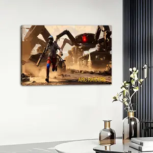 2D Flat, 1pc Framed Canvas Wall Art  Running from the Machine" - Modern Action-Packed Robot Chase, Spray Texture, Wrapped Frame Suitable for Bedroom, Bar, Club, Office - Unique Gift Idea for Gamers & Tech-Themed Decor, 2D Flat