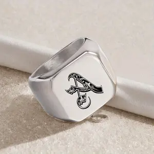 Men's Basic Square Stainless Steel Initial Rings - 26 A-Z Letters, High-Quality Non-Tarnish, Elegant Fashion Jewelry, Ideal for Graduation