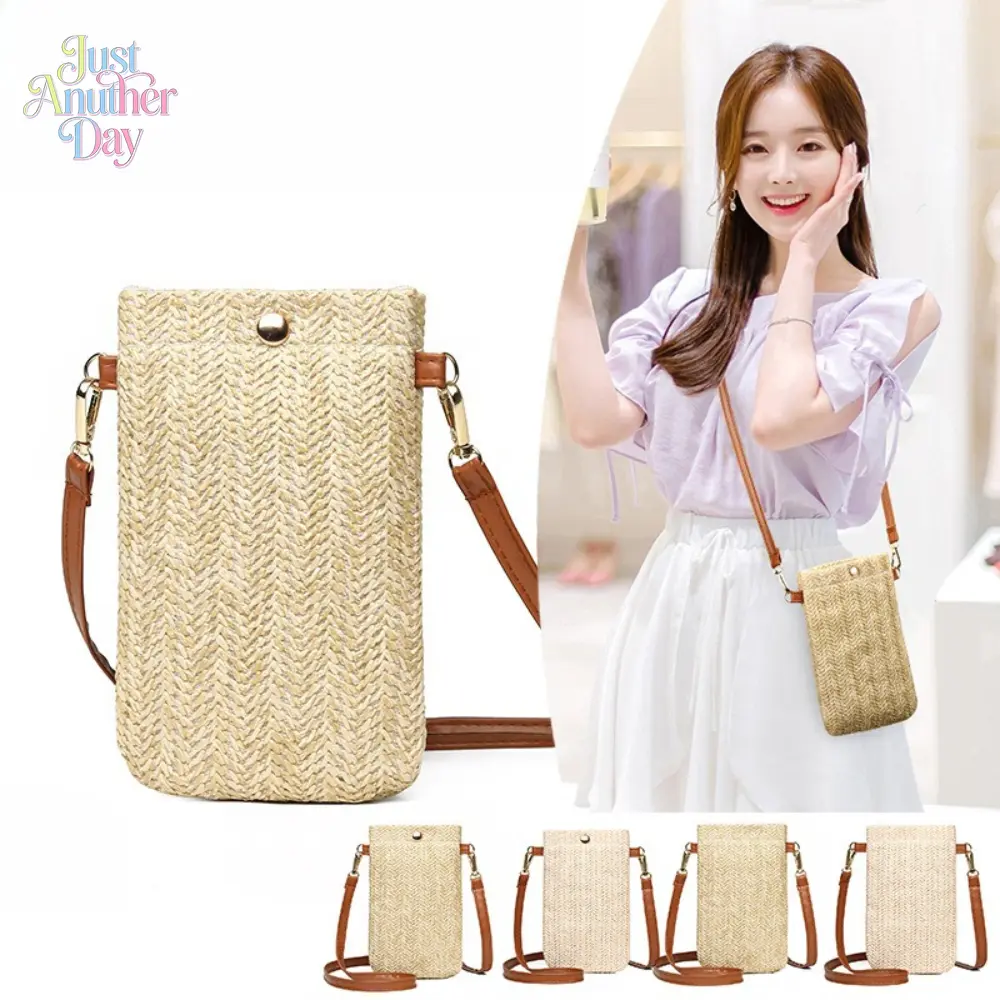2026 new summer beach bag women's versatile shoulder oblique span bag woven vertical mobile phone bag straw change bag