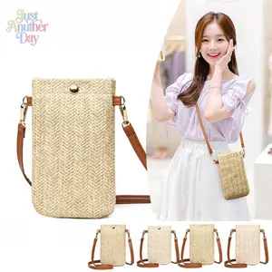 2026 new summer beach bag women's versatile shoulder oblique span bag woven vertical mobile phone bag straw change bag