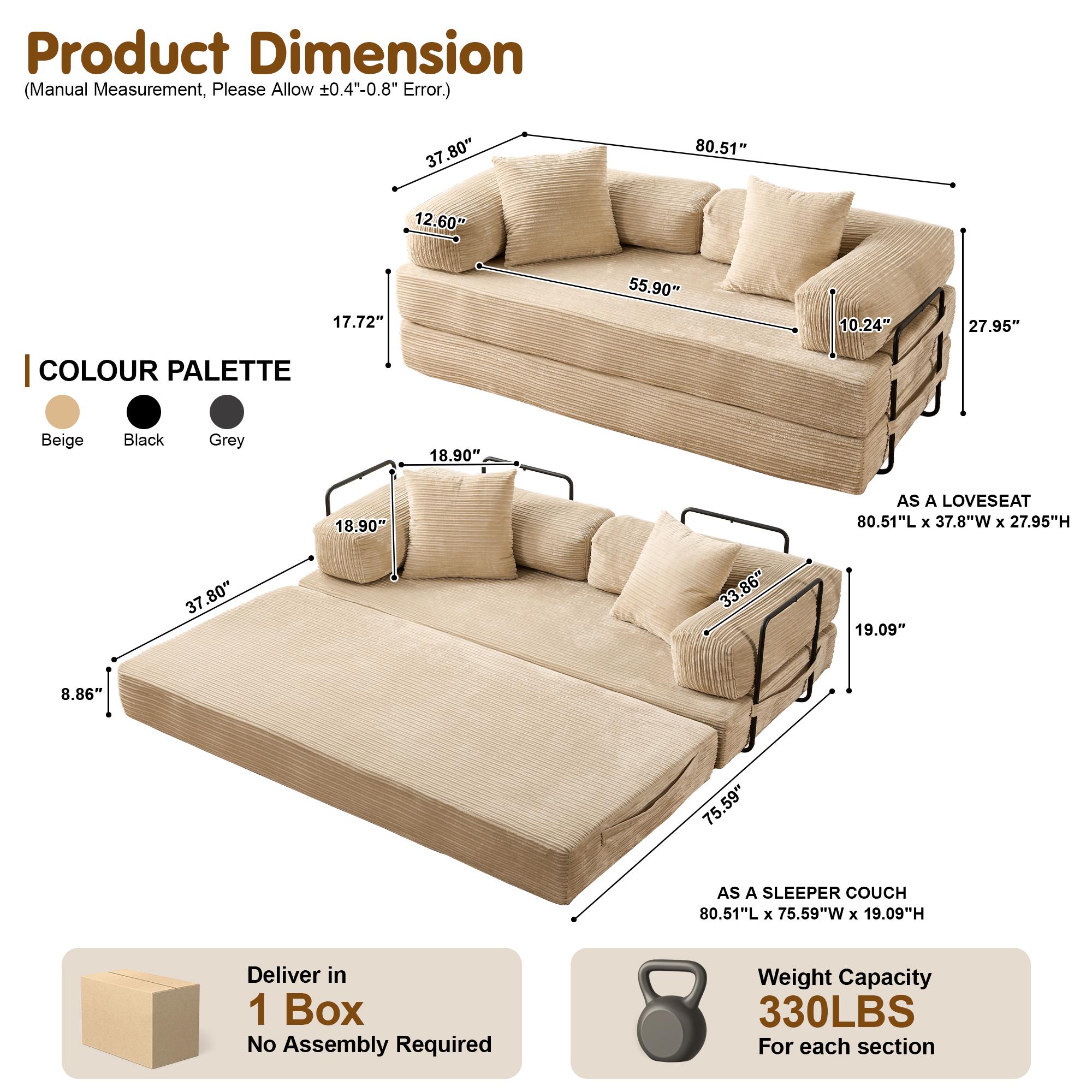 XIZZI 81" Length Cloud Floor Sofa Bed High-Quality Convertible Comfy Corduroy Fabric Premium Sponge Padding Multi Functional Floor Sofa & Mattress for Living Room Upholstered Futon Couch No Assembly Required