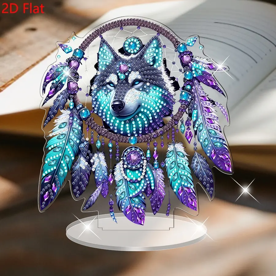 2D Flat -1PC Dalang Dream Catcher Diamond Painting Desktop Decor Wolf Motif, Unique Form, 5D DIY irregular shape diamond inlay painting decor, acrylic decorative crafts, DIY Art Piece, suitable for home desktop art, holiday gift, Display