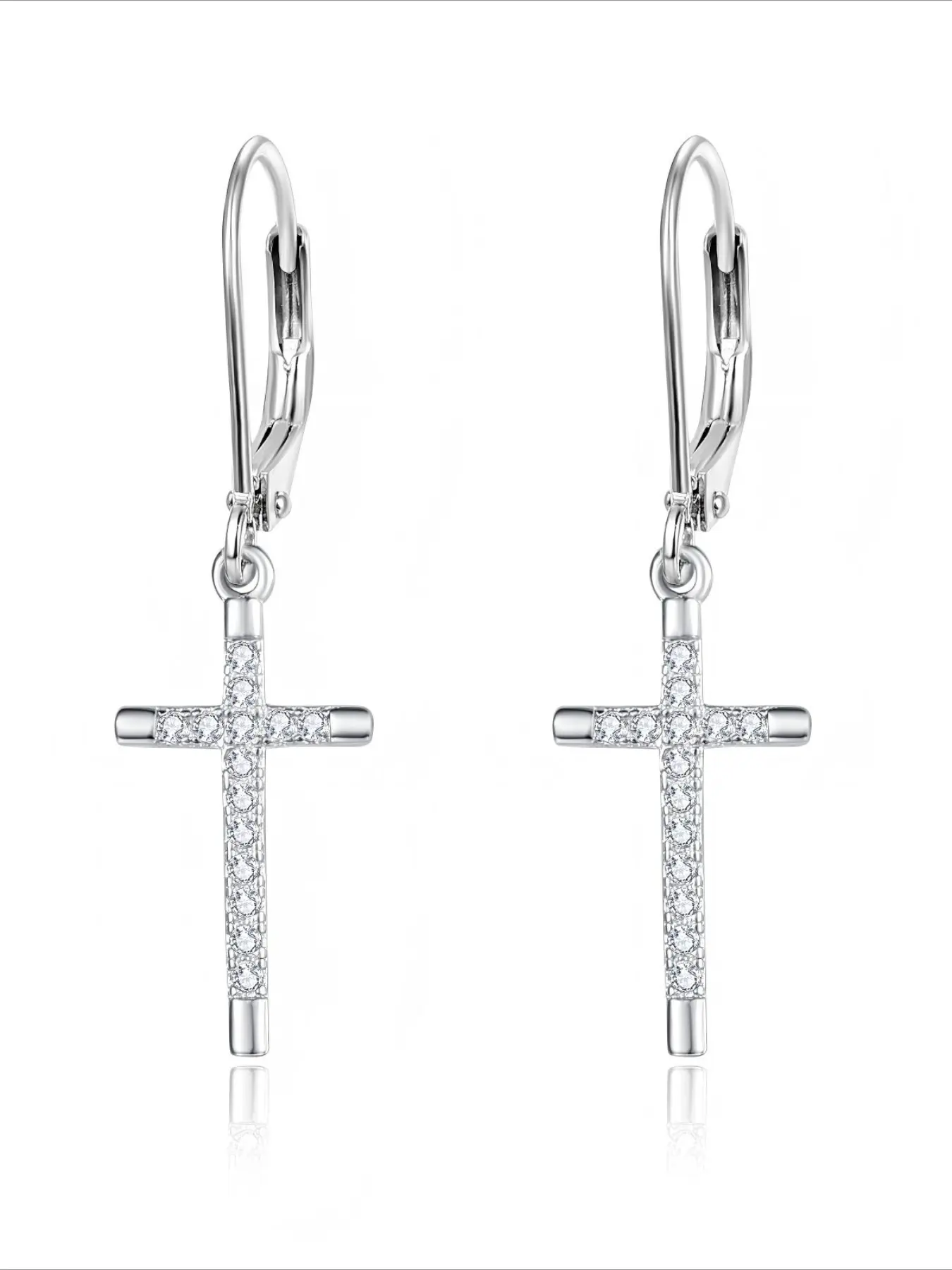 Sterling Silver Color Cross Drop Earrings, cross dangle earring, Cubic Zirconia, Hypoallergenic, for Women, Daily Wear, Gift-Giving, Easter, All Seasons