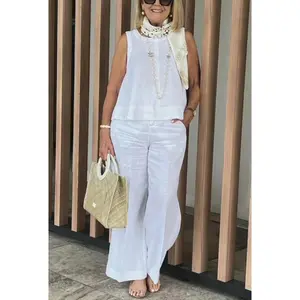 Women's Cotton Fitness Suit Linen Women's Suit Summer Sleeveless Loose Wide Leg Ladies New Sportswear outdoor breathable