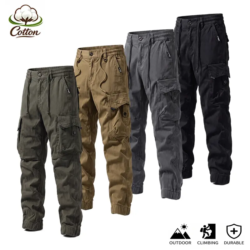 Men’s Retro Street Raw Wash Pure Cotton Cargo Pants - Multi-Pocket, Durable, Breathable, Tear-Resistant, Deformation-Resistant, Straight-Leg, Cuffed for Outdoor Hiking, Everyday Commuting, Personalized