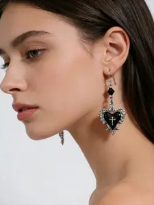 Gothic cross heart-shaped rose bow thorn pendant black beaded Y2K earrings