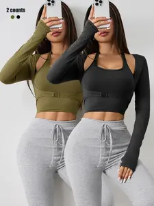 Women's Long Sleeve Mock Neck Top Set, Two-Piece Slim Fit Outdoor Casual Quick-Dry Gym Running Yoga Shirt, Sportswear Running Fitness, Spring & Fall Wear