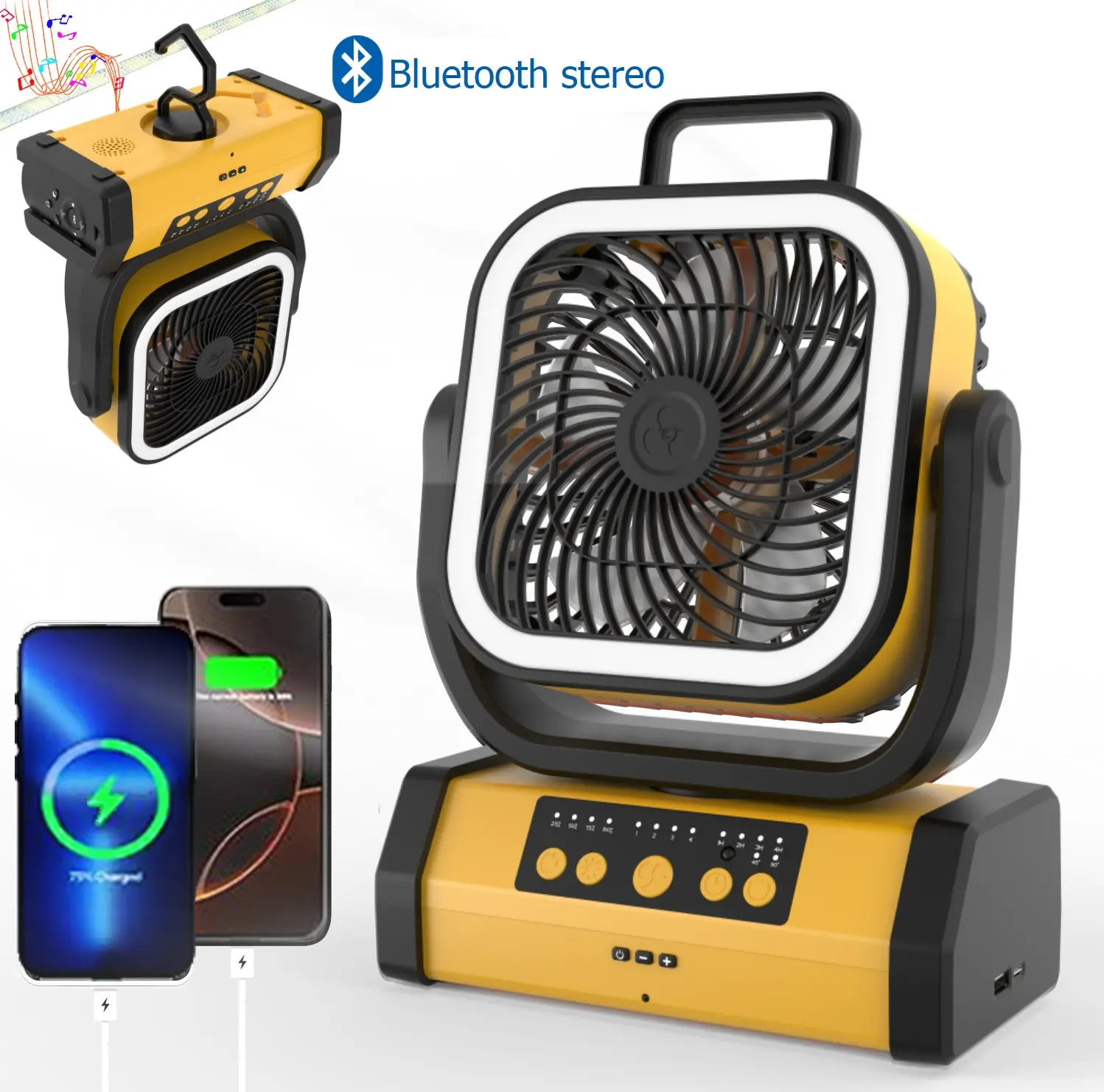 Portable Camping Smart Multifunctional Fan with Light 30000mAh Rechargeable Battery Operated Outdoor Stand Box Fan 4 Speed Recharging & Button Features for Bathroom Home Desk Bedroom Bluetooth Stereo