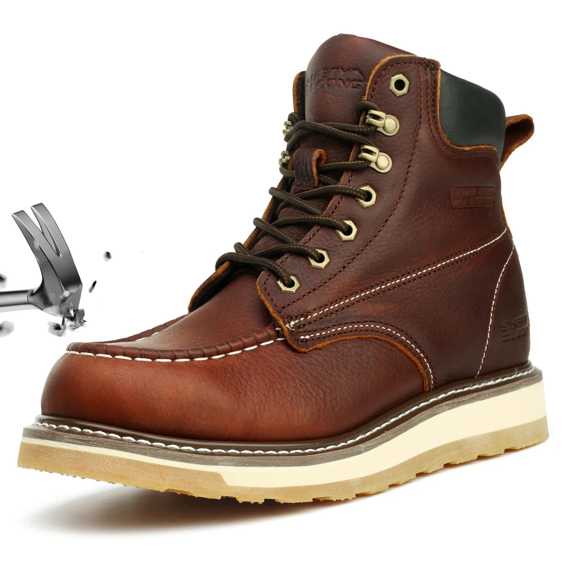 SAFETY LOONG Men's 6-in Full-Grain Leather Lace-Up Work Boots - Steel Round Toe, Slip-Resistant, Insulated, Rubber Wedge-Cushioned EVA Sole, Rugged Tread, All-Seasons, Easy Maintenance for Construction Workers, Casual Use