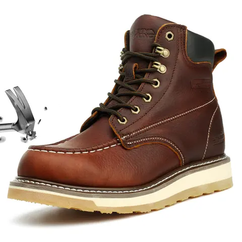 SAFETY LOONG Men's 6-in Full-Grain Leather Lace-Up Work Boots - Steel Round Toe, Slip-Resistant, Insulated, Rubber Wedge-Cushioned EVA Sole, Rugged Tread, All-Seasons, Easy Maintenance for Construction Workers, Casual Use