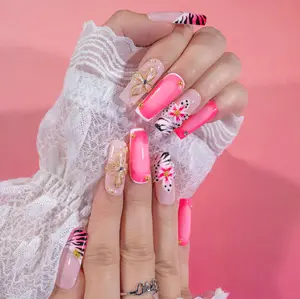 liketete Hot Pink Zebra Floral Press On Nails – 3D Summer Nail Art with Rhinestones & Butterfly Charm | Y2K Glam Baddie Style