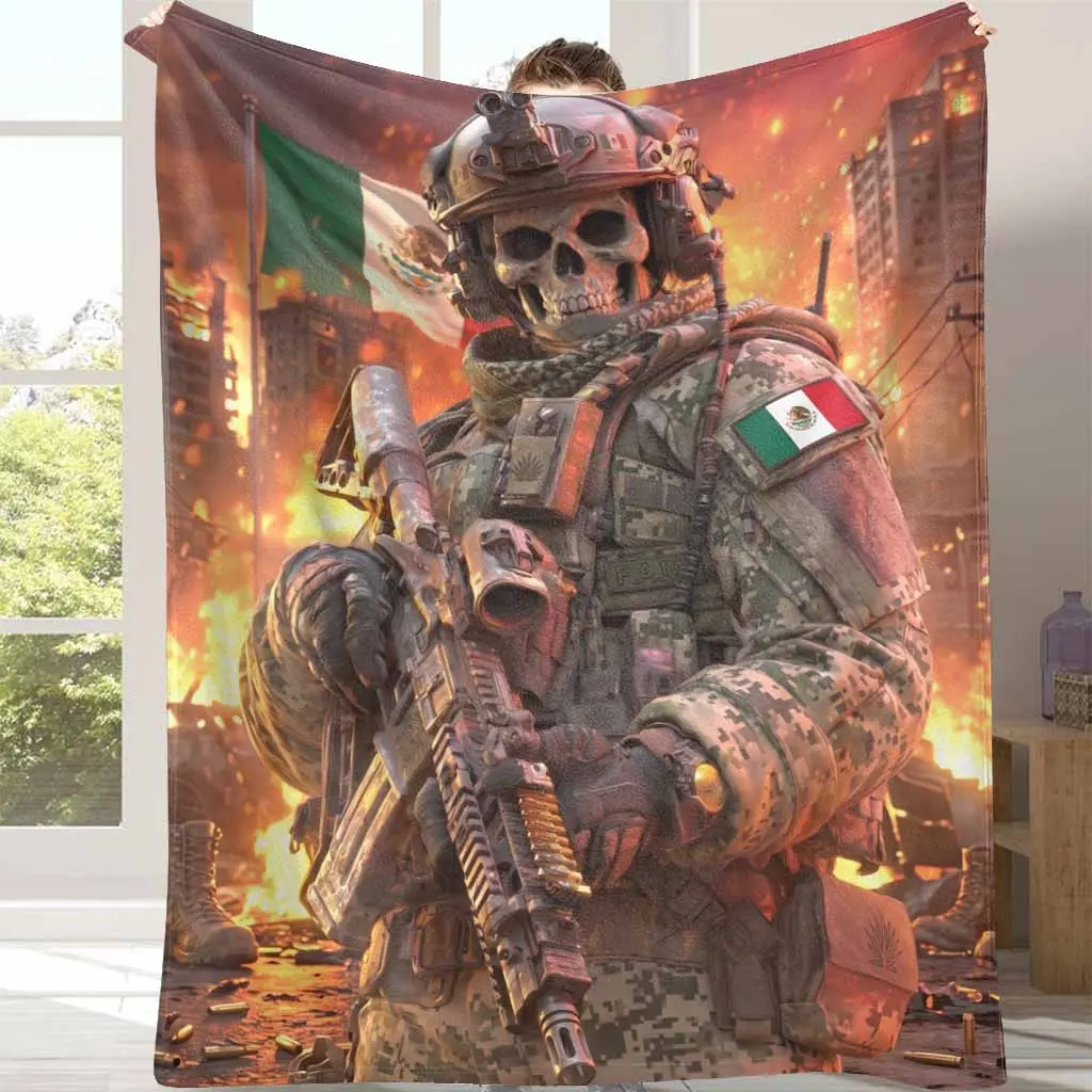 Military Soldier Tactical Mexican Flag Aztec Design Single-Sided Flat Weave Blanket - Soft, Warm, Durable, Wrinkle-Resistant, Foldable, Thermal Insulation - Indoor Bedroom Use - Veteran Tribute Thanksgiving Gift