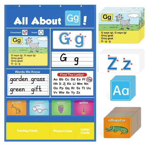 Torlam Preschool Alphabet Learning Pocket & Wall Chart Set - 104 Word Cards, 26 Tracing Cards, Handwriting Activities, 3 Pockets at the Bottom, 4 Over-the-Door Hooks, Educational Language Toy, Learning Materials, Back to School Supplies