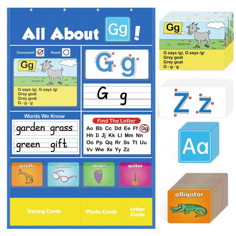Torlam Preschool Alphabet Learning Pocket & Wall Chart Set - 104 Word Cards, 26 Tracing Cards, Handwriting Activities, 3 Pockets at the Bottom, 4 Over-the-Door Hooks, Educational Language Toy, Learning Materials, Back to School Supplies