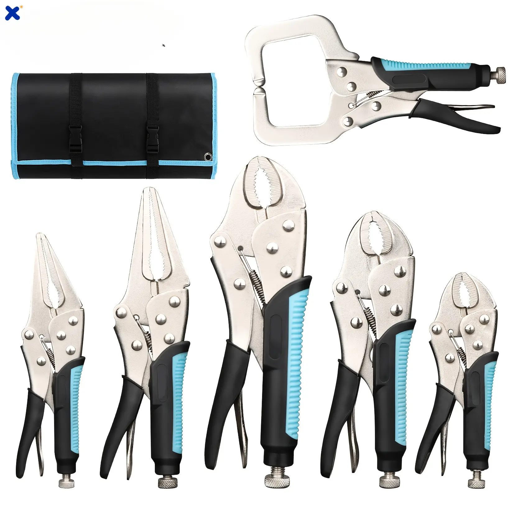6-Piece Locking Pliers Kit: 5/7/10" Curved Jaw, 6.5/9.5" Long Nose, 6" C-Clamp Locking Pliers, TPR Soft Grips with Storage Roll Pouch