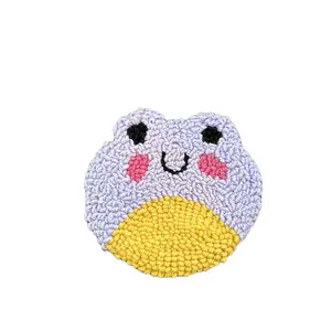 Mini Frog Punch Needle Car Coaster - Adorable Design with Yellow Bottom and Pink Accents