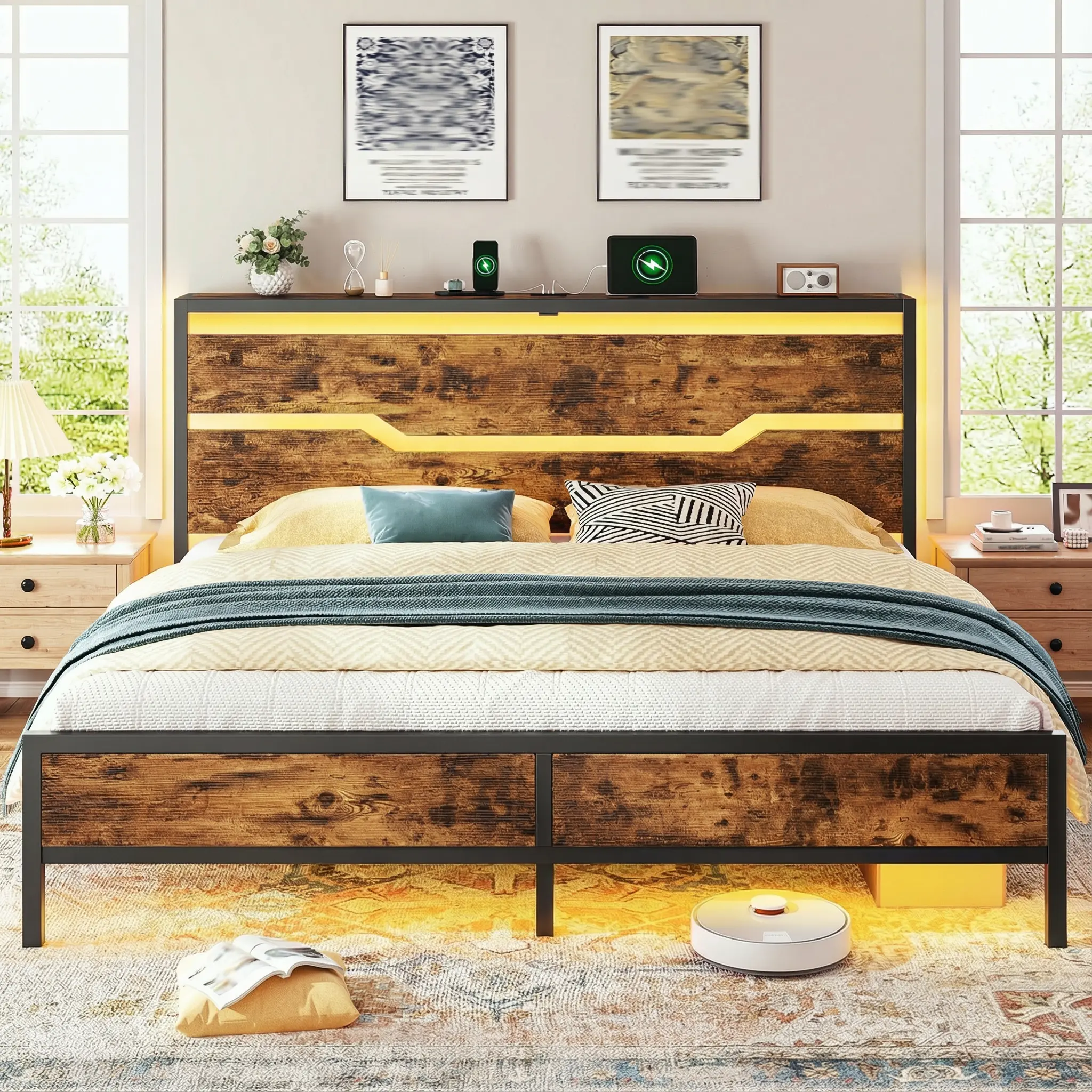 Raybee Queen Size Metal Slat Bed Frame with Headboard & Shelf, Modern LED Bed Frame with Power Outlet, Industrial Platform Bed Frame with Underbed Storage, Metal Slats, Holds 900lbs, No Box Spring Needed, No Noise, Vintage, Full, King, Rustic Brown, Black