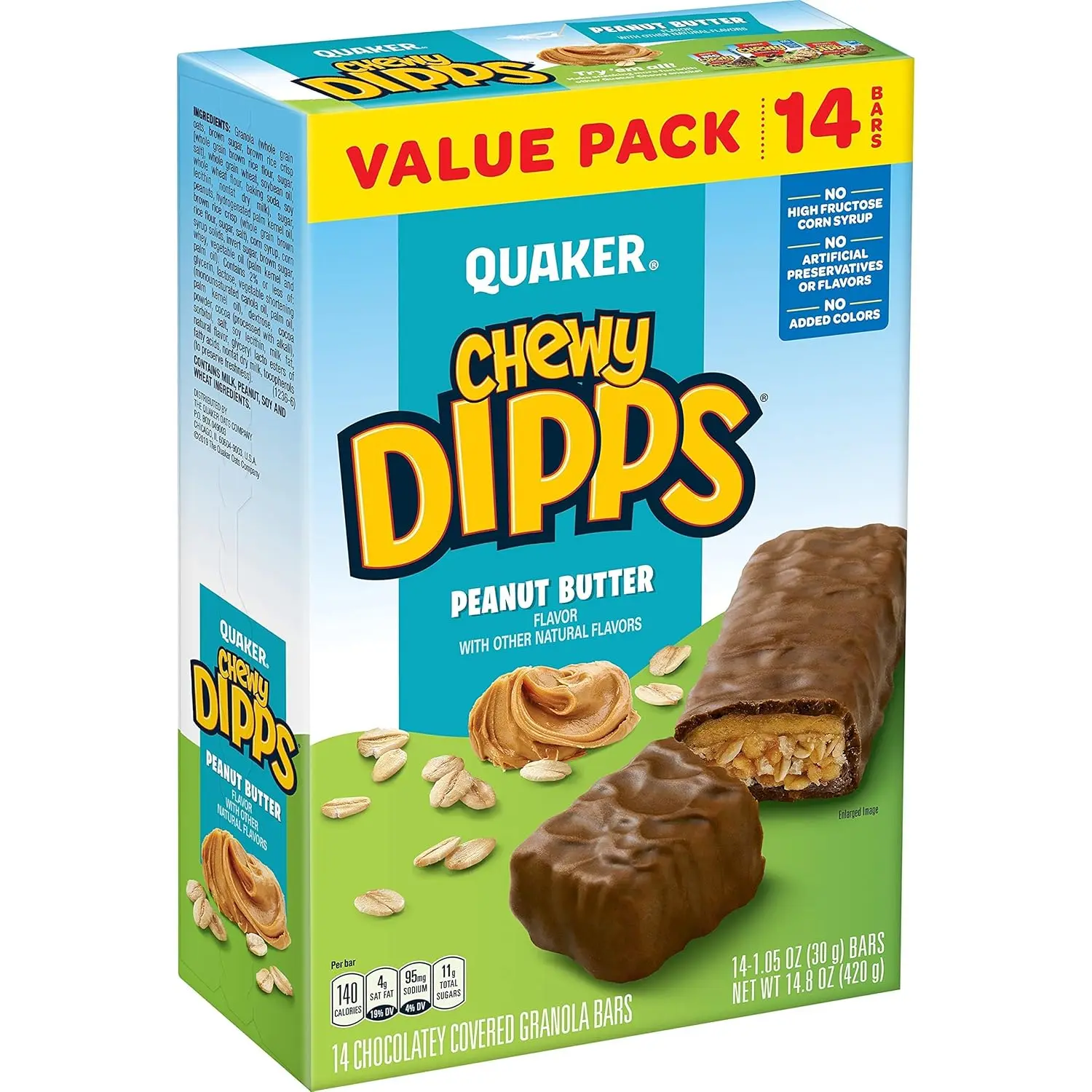 Chewy Dipps Peanut Butter Granola Bars 14 Count | Chocolate Coated Crunchy Snack Bars | 1.05 Oz Individually Wrapped Bars